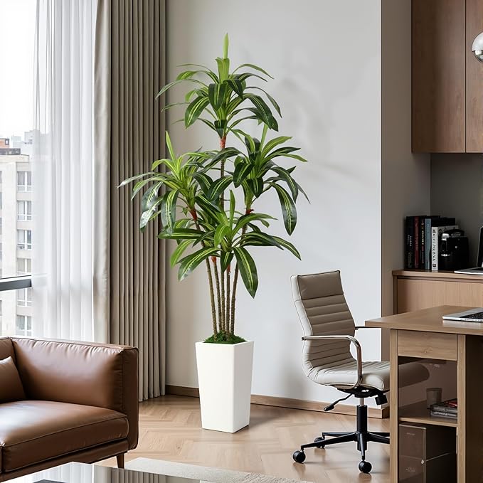 Artificial Dracaena Fake Tree 6FT, White High Pot Artificial Plants Indoor&Outdoor, Fake Plants for Office/Home/Living Room Potted Decoration, 6ft