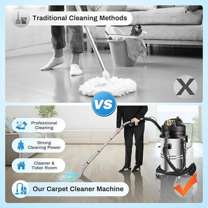 LOYALHEARTDY Carpet Cleaner Machine, 3 in 1 Portable Wet Dry Sofa Curtain Fabric Dust Cleaner,60L Commercial Floor Cleaning Machines with Long Flat/Dry/Water Vacuum Head and Round Brush