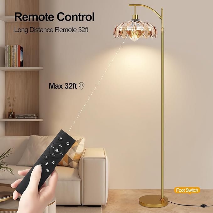 Arc Floor Lamp for Living Room Gold Floor Lamp with Remote Control,Dimmable Floor Lamps Glass Lamp Shades Vintage Standing Lamp with 3 Color Temperature Tall Flower Lamps for Bedroom