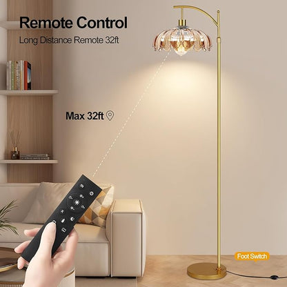 Arc Floor Lamp for Living Room Gold Floor Lamp with Remote Control,Dimmable Floor Lamps Glass Lamp Shades Vintage Standing Lamp with 3 Color Temperature Tall Flower Lamps for Bedroom