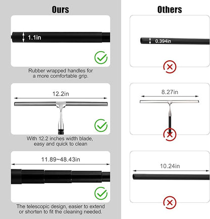 Window Squeegee for Home, 2 in 1 Window Washing kit with Extension Pole Long Handle Squeegee for Shower Glass Floor Tile Wall Car Windshield, 12 inch Wide, Black