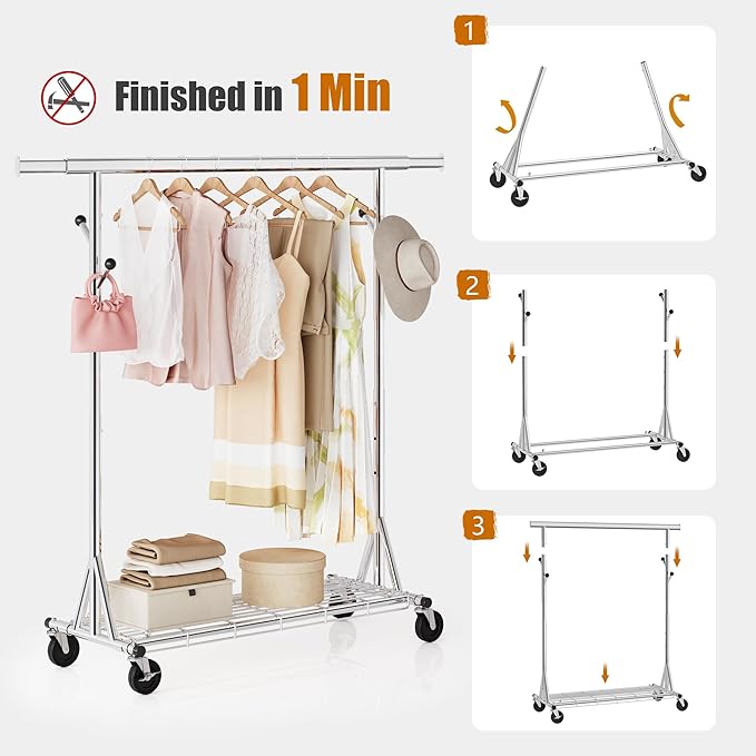 Heavy Duty Clothes Rack Load 530 LBS Metal Clothing Garment Rack Hang 200 pieces of clothing on Wheels Collapsible Rolling Portable & Adjustable with Hook for Hanging Clothes