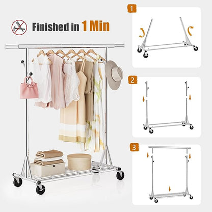 Heavy Duty Clothes Rack Load 530 LBS Metal Clothing Garment Rack Hang 200 pieces of clothing on Wheels Collapsible Rolling Portable & Adjustable with Hook for Hanging Clothes