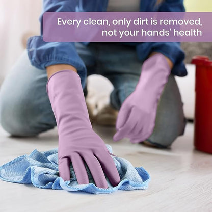 Rubber Cleaning Gloves for Dishwashing, 4 Pairs Reusable Kitchen Gloves for Washing Dishes and Household Cleaning, Purple Dish Gloves with Flocked Lining and Non-Slip Grip, Pefect for Woman Men - M
