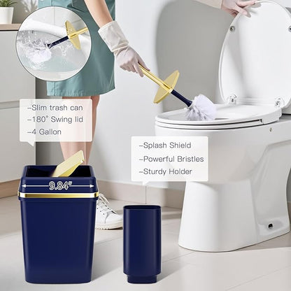 25PCS Bathroom Accessory Set, Navy Blue Bathroom Set with Large-Capacity 4 Gallon Trash Can,Bathroom Rugs Set, Waterproof Shower Curtain, Toilet Brush, Toothbrush Holder & Soap Dispenser