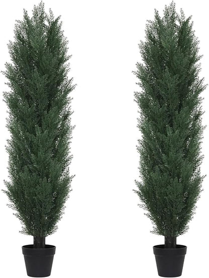 THE BLOOM TIMES 5ft Topiary Trees Artificial Outdoor Set of 2, UV Resistant Faux Cedar Pine Cypress Bushes & Shrubs, Fake Plants for Front Porch Outside Planter Patio Christmas Decor 5 Foot Tall
