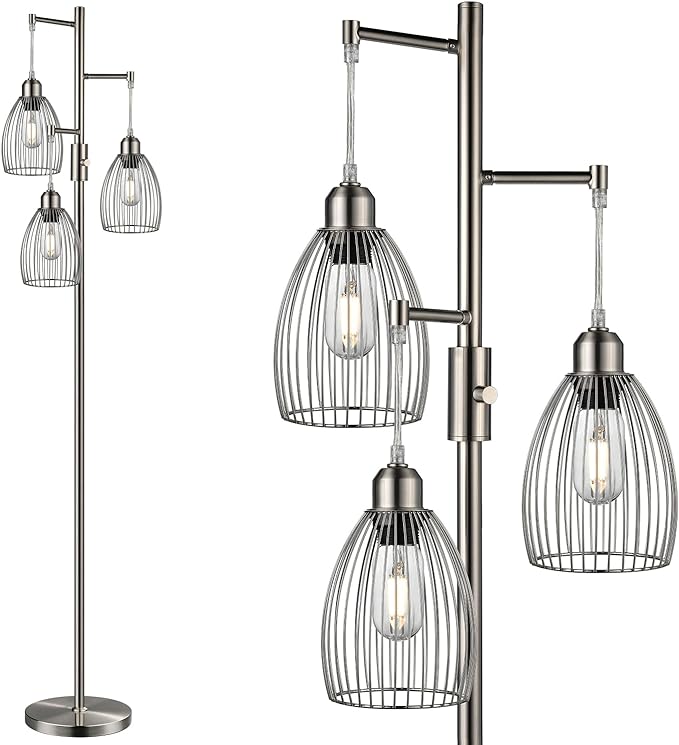 Dimmable Floor Lamp, Metal, 3 x 800LM LED Edison Bulbs Included, Industrial Floor Lamp Standing Tree Lamp with Elegant Teardrop Cage Heads Tall Lamps for Living Room Bedroom-Brushed Nickel