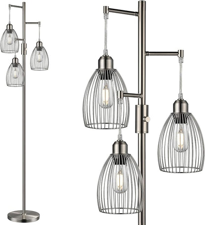 Dimmable Floor Lamp, Metal, 3 x 800LM LED Edison Bulbs Included, Industrial Floor Lamp Standing Tree Lamp with Elegant Teardrop Cage Heads Tall Lamps for Living Room Bedroom-Brushed Nickel