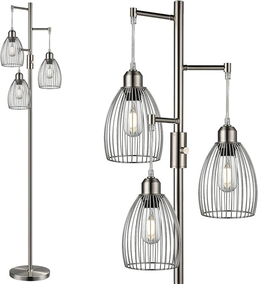 Dimmable Floor Lamp, Metal, 3 x 800LM LED Edison Bulbs Included, Industrial Floor Lamp Standing Tree Lamp with Elegant Teardrop Cage Heads Tall Lamps for Living Room Bedroom-Brushed Nickel