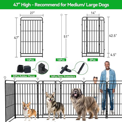 Dog Playpen Outdoor 16 Piece Panels Heavy Duty Dog Fence 47" Height with Thick Pipe Anti-Rust with Doors Portable for RV Camping Yard, Total 36FT, 103 Sq.ft, Snowy Black