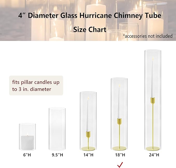 CYS EXCEL D-4" H-18 Glass Open Ended Hurricane Candleholder Bottomless Cylinder Sleeve Clear Chimney Shade Tube Cover, 1 Piece