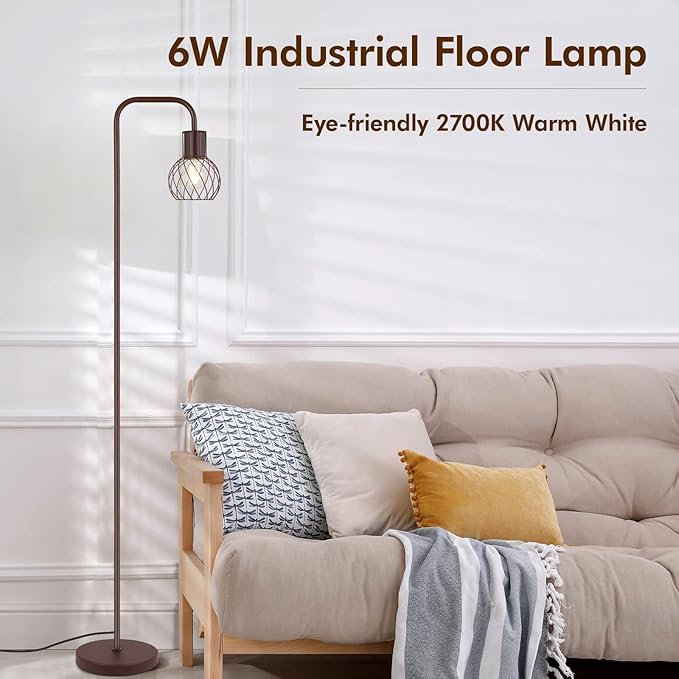Industrial Standing Lamp with 6W LED Bulb, Foot Switch - Modern Metal Lamp for Living Room, Bedroom, Office - Vintage Rustic Minimalist Farmhouse Stand Up Lamps Brown