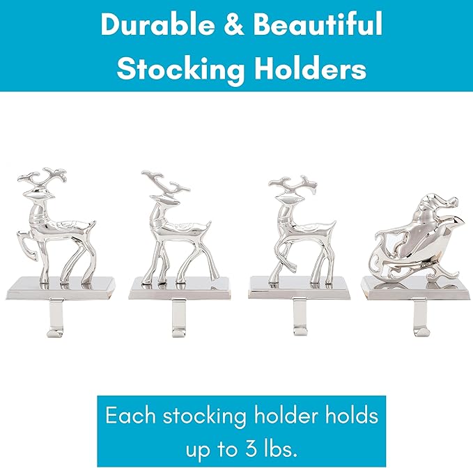 BIRDROCK HOME Reindeer & Santa Claus Stocking Holder Set for Mantle - Set of 4 - Christmas Decorations - Holiday Mantle Fireplace Topper - Decorative Metal Hanger for Stockings - Home Décor Stand