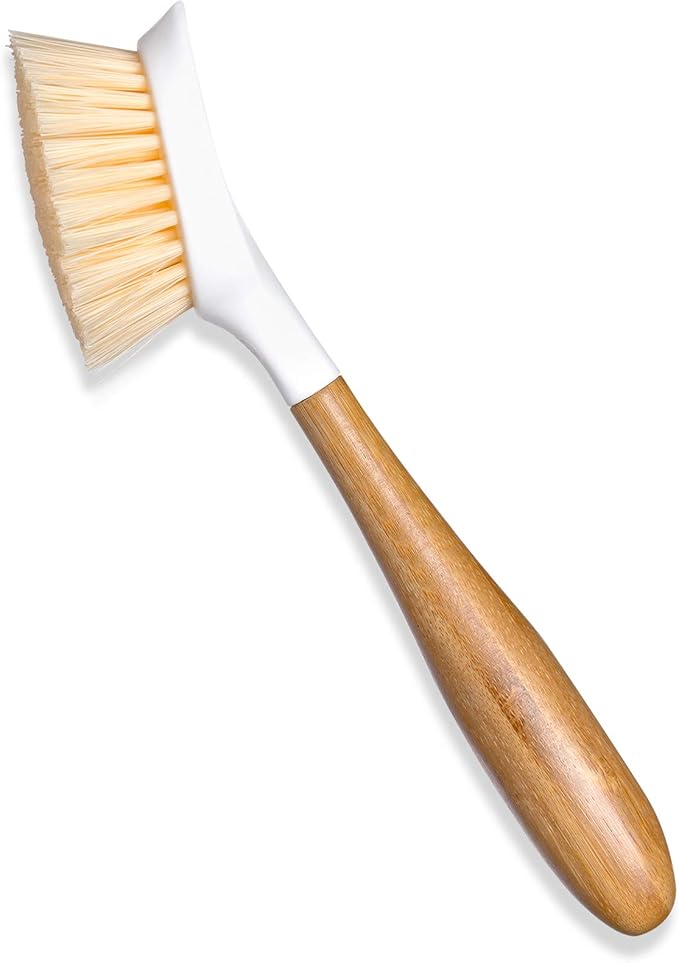 Full Circle Be Good-Bamboo Handle Dish Brush–Sustainable Kitchen Cleaning with Tough Bristles-Natural Dish Scrubber,Nonstick & Cast Iron Cleaner-Long Handle Brush for Dishes,Pots, and Pans,White