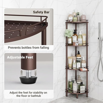 ELYKEN Corner Shower Caddy Standing, 4 Tier Rustproof Metal Shower Organizer with Soap Holder, Floor Shower Corner Shelf Rack Storage Stands with Adjustable Feet & 2 Hooks for Bathroom, Bronze