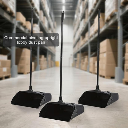 3-Pack Commercial Upright Dust Pan with Long Handle and Wheels – Heavy Duty Large Dust Pans for Indoor/Outdoor Use, Janitorial or House Cleaning Tools, Black Standing Dustpan