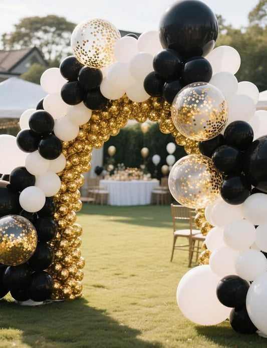 Black White Gold Confetti Balloons Garland Kit, 66Pcs 12 Inch Latex Party Balloons with Metallic Ribbons for Elegant Birthday Wedding Baby Shower Graduation Arch Decorations