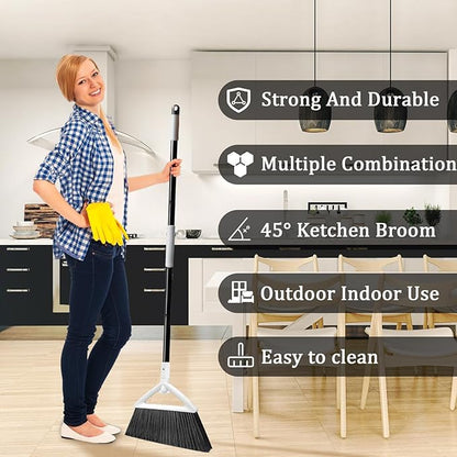 Outdoor Indoor Broom, Brooms for Sweeeping Indoor, Heavy-Duty Kitchen Broom with Long Pole, Angle Broom White for Garages Restaurant Courtyard Office Slidewalk Lobby Sweep Dust