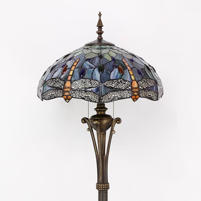 Tiffany Floor Lamp Brown Yellow Stained Glass Dragonfly Standing Reading Light 16X16X70 Inches Antique Pole Corner Lamp Decor Bedroom Office Living Room