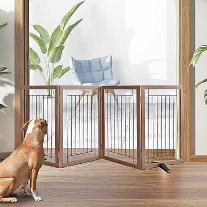 ZJSF Freestanding Dog Gate Indoor, Foldable Dog Fence for Doorways,Hallways or Stairs, Sturdy Wood Extra Wide Pet Gate with Support Feet,Brown,32 "Height-4 Panels