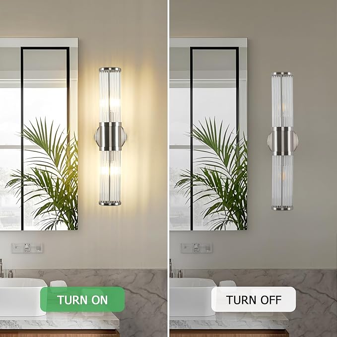 JOOSENLUX Bathroom Sconces Set of 2 Brushed Nickel Wall Sconce Light Fixtures with E12 Base and Glass Rod Design – Modern Vanity Light Fixture for Bathroom, Powder Room, Bedroom, Hallway