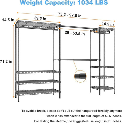 Ulif E11 Heavy-Duty Garment Rack, Metal Freestanding Clothes Rack and Closet Storage Organizer System with 8 Shelves and 4 Hanger Rods, (73.2 - 97.6)"W x 14.5"D x 71.2"H, Load 1034 LBS, Black