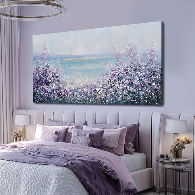 GAIDUOMAI Large Landscape Wall Art for Living Room Purple Flowers Pictures Wall Decor Blue Coastal Canvas Prints Modern Artwork for Bedroom Dining Room 29x58 Inch