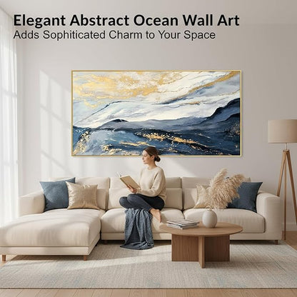 Large Blue and Gold Abstract Canvas Wall Art for Living Room, Framed Mountain Blue Oil Painting for Bedroom,Modern Landscape Office Wall Decor Ready to Hang 28x56 Inches