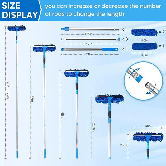 Window Squeegee, 2-in-1 Window Cleaner with Removable Extension Poles 177'' Window Washing Kit Glass Door Cleaner Multi-Use Car Windshield Cleaning Tool with 1 Blade 3 Scrubber for High Outdoor Window