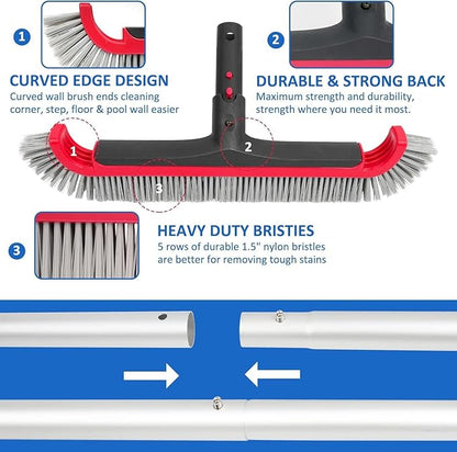 Swimming Pool Brush with Pole - 17.5" Wall Brush with 10FT Adjustable Aluminum Pole, Nylon Bristles, Curved Ends, EZ Clip Handle, Pool Brush for Cleaning Walls, Tiles & Floors