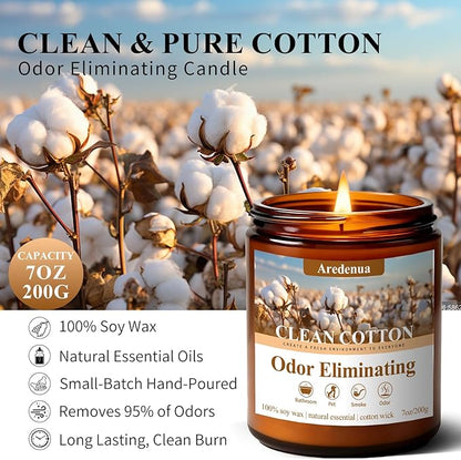 Clean & Pure Cotton Odor Eliminating Candles | Eliminates 95% of Pet, Smoke & Bathroom Odors – 7 oz Hand Poured Non-Toxic Soy Candle - Fresh Air Scented Candle Gentle for Pet - Gifts for Families