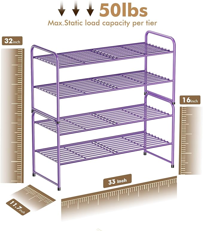 SUFAUY 2-Tier 33" Wide Shoe Rack, Closet Metal Shoe Rack Organizer Heavy Duty, Stackable, Purple