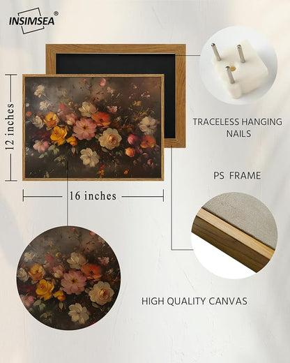 InSimSea Framed Canvas Wall Art, Vintage Wall Decor, Fall Floral Dark Moody Painting for Living Room, Bedroom Autumn Country Retro Flower Print Pictures Decorations,12x16inch