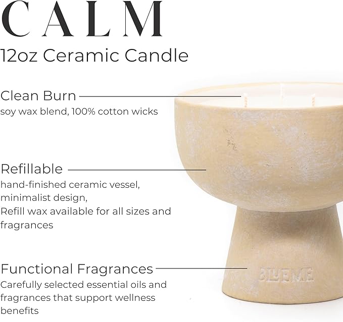 Blueme Calm Candle | Osmanthus & Sandalwood | 3 Wick - Refillable Wellness Candle with Essential Oils, Hand Finished & Poured Soy Wax Blend Ceramic Vessel, Natural Cotton Wicks | Medium 12 oz