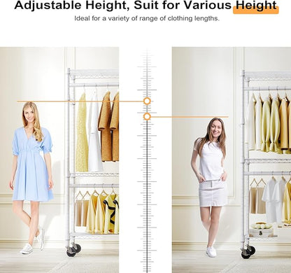 Heavy Duty Rolling Garment Rack 3 Tiers Adjustable Wire Shelving Clothes Rack with 2 Rods and Side Hooks,Storage Closet Clothing Rack with Wheels White 15.7" D x 29.5" W x 74.5" H