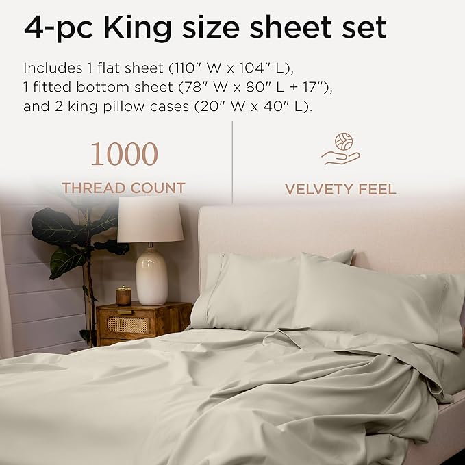 Threadmill Supima King Size Sheets, 1000 Thread Count, 4 Piece American Luxury Bed Sheets for King Mattress, 5 Star Hotel Quality Cotton Sheets with Elasticized Extra Deep Pocket, Taupe