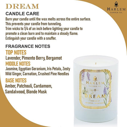 HARLEM CANDLE CO. - Dream - Luxury Scented Soy Candle, 11 oz - 80-Hour Burn Time | Lavender, Pimento Berry, Bergamot, Jasmine, Wild Ginger, Sandalwood | Scented Candles for Home