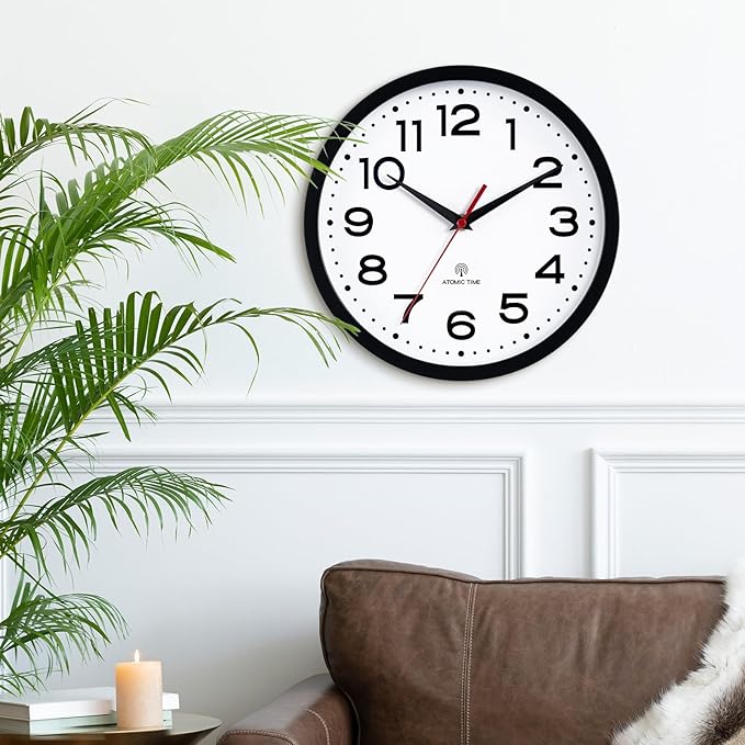 Atomic Wall Clock 10 Inch, Modern Clock Battery Operated Classic Analog Decorative for Kitchen, Living Room, Office, Bedroom, Bathroom (Black)