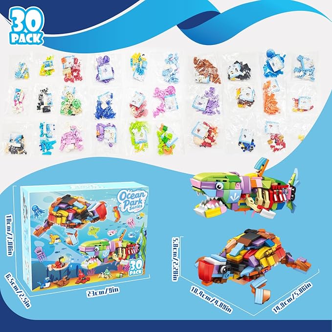 30 Packs Ocean Party Favors for Kids 895 PCS Mini Marine Animals Building Blocks for Goodie Bag Stuffers Bulk Classroom Prizes Easter Basket Birthday Party Favors for Boys Girls Ages 6-8-12