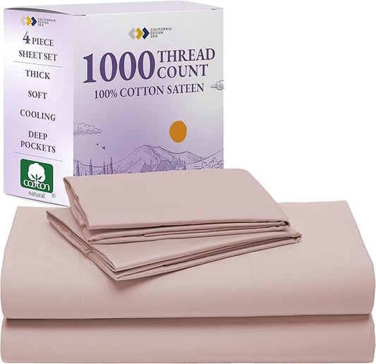 California Design Den Thick and Natural 100% Cotton Sheets Queen Size Bed Set - Luxury 1000 Thread Count Sateen, Deep Pocket Sheet Set, Soft, Breathable and Durable Bedding - Sepia Rose