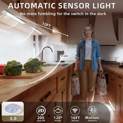 14inch Under Cabinet Lighting, 4 Pack Rechargeable Motion Sensor Light Indoor, Wireless Dimmable Magnetic Closet Lights, 58 LED Under Counter Lights for Kitchen, Wardrobe, Stairs, White Light