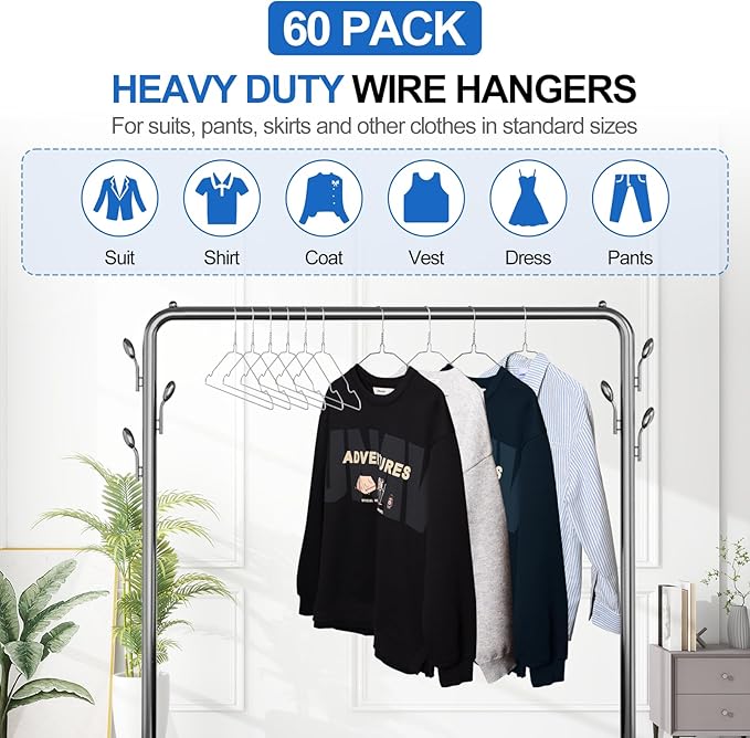 Wire Metal Hangers 60 Pack, Heavy Duty Clothes Hangers, Non Slip, Ultra Thin, Space Saving for Closet Clothing Shirts Suits Pants, 16inch