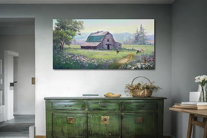 Acocifi Barn Picture Fall Wall Art for Farmhouse, Rustic Landscape Painting Farm Cow Print Textured Artwork Extra Large Framed for Living Room Bedroom Dining Room Kitchen Office Home Decor 58"x29"