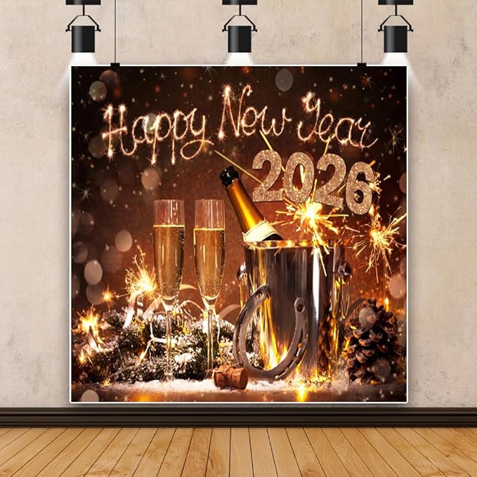AOFOTO 10x10ft Happy New Year 2026 Backdrop Champagne Wine Beer Gold Sparklers Fireworks Bokeh Light Spot New Year's Eve Backdrop Banner Carnival Celebration Background Party Decorations Props