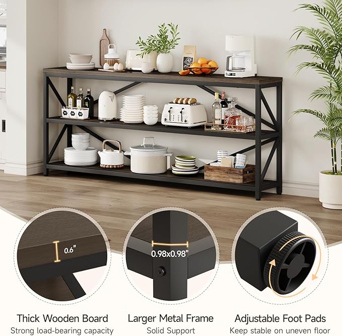ONBRILL Industrial Console Sofa Table,70.8 Inch Extra Long Entryway Table with 3 Tier Wood Storage Shelf for Living Room, Hallway, Entrance, Narrow Sofa Table with Metal Frame, Black and Brown