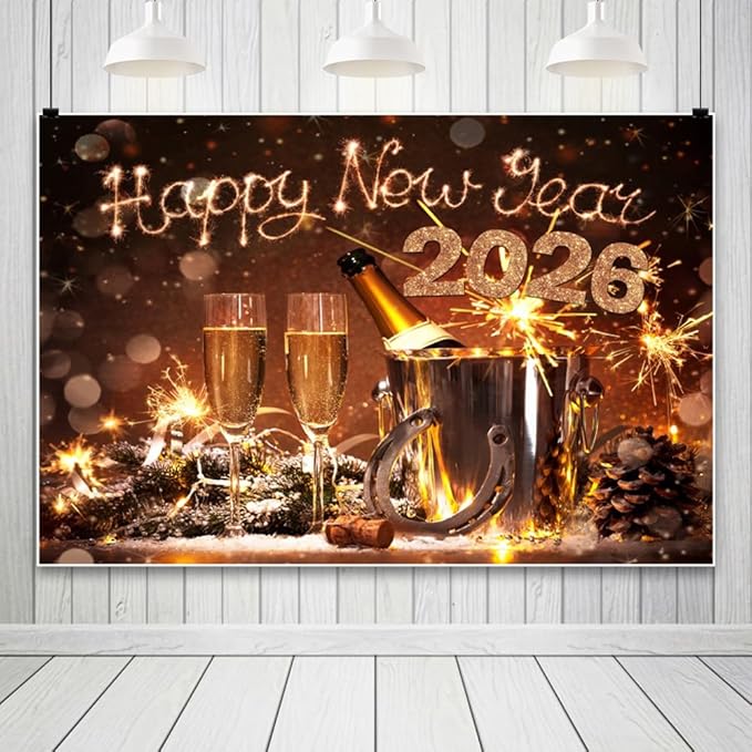 AOFOTO 8x6ft Happy New Year 2026 Backdrop Champagne Wine Beer Gold Sparklers Fireworks Bokeh Light Spot New Year's Eve Backdrop Banner Carnival Celebration Background Party Decorations Props