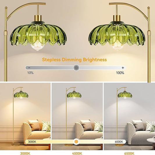 Gold Floor Lamps for Living Room Glass Vintage Floor Lamp with Remote Control,Dimmable Mid Century Modern Standing Lamp with 3 Color Temperature Tall Flower Lamp Brass Floor lamp for Bedroom Corner