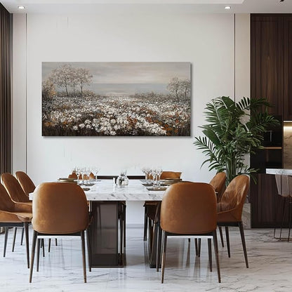 GAIDUOMAI Farmhouse Decor Tree and Ocean Wall Art White Flowers Vintage Artwork 24"x48" Grey Pictures Wall Decor for Dining Room Bedroom Office