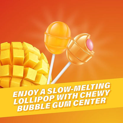 Colombina Bon Bon Bum Lollipops w/Bubble Gum Center, Mango Flavor, Individually Wrapped, Ideal for Party Favors and Gifts, 1 Pack (24 Count)