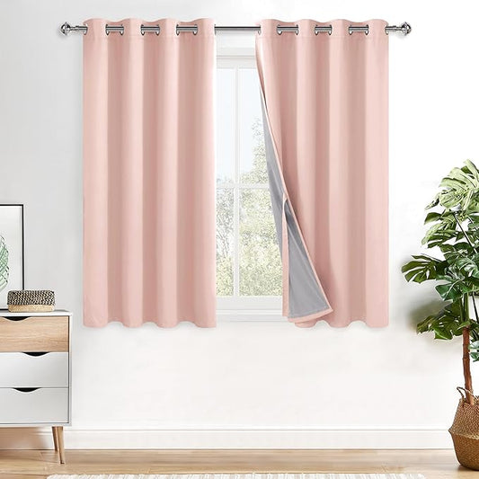 XWZO 100% Blackout Curtain Panels - Double Layer Noise Reducing & Energy Efficiency Grommet Window Panels for Bedroom/Living Room with Tiebacks, Blush Pink, W52 x L45, Set of 2